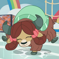Size: 537x537 | Tagged: safe, screencap, yona, yak, 2 4 6 greaaat, bow, buckball, cloven hooves, cropped, cute, dancing, eyes closed, female, gym, hair bow, happy, monkey swings, smiling, solo, stomping, yonadorable