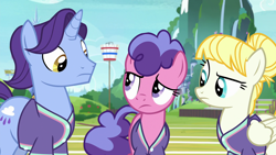 Size: 1920x1080 | Tagged: safe, screencap, berry blend, berry bliss, november rain, summer breeze, earth pony, pegasus, pony, unicorn, 2 4 6 greaaat, basket, buckball, buckball uniform, buckbasket, bushel basket, clothes, eye contact, female, friendship student, jersey, looking at each other, male, mare, shirt, stallion