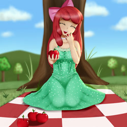 Size: 2000x2000 | Tagged: safe, artist:focusb, apple bloom, human, adorabloom, apple, clothes, cute, dress, eyes closed, female, food, fruit, humanized, open mouth, panty line, picnic, picnic blanket, see-through, solo