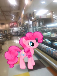 Size: 3024x4032 | Tagged: safe, derpibooru import, photographer:undeadponysoldier, pinkie pie, earth pony, pony, augmented reality, cake, female, food, gameloft, grocery store, irl, lowes foods, mare, photo, ponies in real life