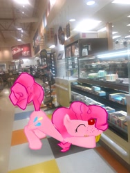 Size: 3024x4032 | Tagged: safe, derpibooru import, photographer:undeadponysoldier, pinkie pie, pony, augmented reality, cake, cherry, cupcake, eating, female, food, gameloft, grocery store, irl, lowes foods, mare, photo, ponies in real life