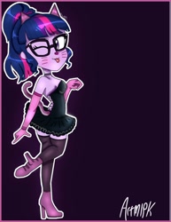 Size: 1186x1536 | Tagged: safe, artist:artmlpk, sci-twi, twilight sparkle, cat, equestria girls, ;p, alternate design, animal costume, blushing, cat costume, cat ears, catgirl, clothes, costume, cute, halloween, halloween costume, looking back, one eye closed, solo, tongue out, twiabetes, wink