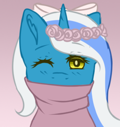 Size: 293x309 | Tagged: safe, artist:seaofechoes, oc, oc only, oc:fleurbelle, alicorn, pony, unicorn, alicorn oc, bow, clothes, female, floral head wreath, flower, golden eyes, hair bow, mare, one eye closed, sweater, wink