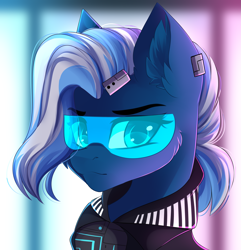 Size: 2939x3047 | Tagged: safe, artist:airiniblock, oc, oc only, oc:vivid tone, pegasus, pony, clothes, commission, ear fluff, futuristic, high res, looking at you, rcf community, solo, visor, wavy mouth