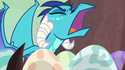 Size: 1920x1080 | Tagged: safe, screencap, princess ember, dragon, sweet and smoky, dragon egg, dragoness, egg, eyes closed, female, open mouth, solo