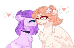 Size: 1100x726 | Tagged: safe, artist:moon-rose-rosie, oc, oc:esmeralda, oc:magnolia, dracony, hybrid, pegasus, pony, chest fluff, collar, ear fluff, female, floppy ears, flower, flower in hair, heart eyes, interspecies offspring, lesbian, mare, offspring, offspring shipping, one eye closed, parent:bulk biceps, parent:fluttershy, parent:rarity, parent:spike, parents:flutterbulk, parents:sparity, simple background, transparent background, watermark, wingding eyes