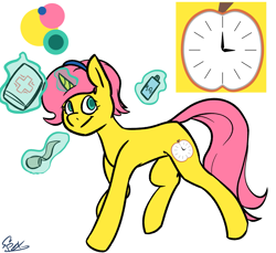 Size: 1959x1795 | Tagged: safe, artist:omegapex, oc, oc only, oc:golden blush, pony, unicorn, cutie mark, female, first aid kit, headband, magic, mare, simple background, solo, walking, white background