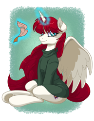 Size: 2550x3300 | Tagged: safe, artist:latecustomer, oc, oc only, oc:fausticorn, alicorn, pony, alicorn oc, clothes, cute, faustabetes, female, high res, lauren faust, levitation, looking at you, magic, mare, quill, sitting, smiling, solo, sweater, telekinesis, underhoof