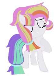 Size: 445x603 | Tagged: safe, artist:bluerosearrow, artist:rukemon, oc, oc only, oc:fruity pastels, earth pony, pony, base used, commission, eyes closed, female, filly, grin, icey-verse, magical lesbian spawn, multicolored hair, offspring, parent:coconut cream, parent:toola roola, parents:toolanut, raised hoof, simple background, smiling, solo, transparent background