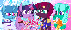 Size: 1920x819 | Tagged: safe, artist:徐詩珮, fizzlepop berrytwist, glitter drops, spring rain, tempest shadow, twilight sparkle, twilight sparkle (alicorn), alicorn, anthro, plantigrade anthro, unicorn, series:ponies as aikatsu, aikatsu, aikatsu friends, broken horn, clothes, female, glitterlight, glittershadow, horn, lesbian, mare, polyamory, shipping, sprglitemplight, springdrops, springlight, springshadow, springshadowdrops, tempestlight