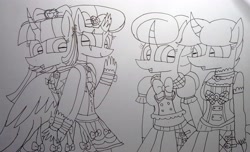 Size: 4287x2605 | Tagged: safe, artist:徐詩珮, fizzlepop berrytwist, glitter drops, spring rain, tempest shadow, twilight sparkle, twilight sparkle (alicorn), alicorn, anthro, plantigrade anthro, unicorn, series:ponies as aikatsu, aikatsu, aikatsu friends, broken horn, clothes, female, glitterlight, glittershadow, horn, lesbian, lineart, mare, polyamory, shipping, sprglitemplight, springdrops, springlight, springshadow, springshadowdrops, tempestlight, traditional art