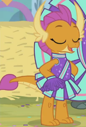 Size: 290x429 | Tagged: safe, screencap, smolder, dragon, 2 4 6 greaaat, arrogant, cheerleader outfit, cheerleader smolder, clothes, cloven hooves, cute, dragoness, eyes closed, female, hands on hip, horns, open mouth, outdoors, pleated skirt, pom pom, pride, skirt, smiling, smolderbetes, smug, talking, toes