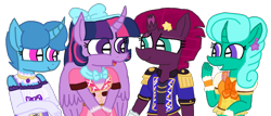 Size: 1920x819 | Tagged: safe, artist:徐詩珮, fizzlepop berrytwist, glitter drops, spring rain, tempest shadow, twilight sparkle, twilight sparkle (alicorn), alicorn, anthro, plantigrade anthro, unicorn, series:ponies as aikatsu, aikatsu, aikatsu friends, broken horn, clothes, female, glitterlight, glittershadow, horn, lesbian, mare, polyamory, shipping, simple background, sprglitemplight, springdrops, springlight, springshadow, springshadowdrops, tempestlight, transparent background