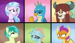 Size: 871x497 | Tagged: safe, screencap, gallus, ocellus, sandbar, silverstream, smolder, yona, changedling, changeling, classical hippogriff, dragon, earth pony, griffon, hippogriff, pony, yak, school daze, bored, female, frown, male, stallion, student six