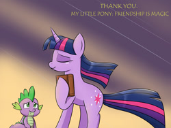 Size: 1200x900 | Tagged: safe, artist:mew-me, spike, twilight sparkle, unicorn twilight, dragon, pony, unicorn, book, crying, end of ponies, eyes closed, female, male, mare, profile, teary eyes, thank you