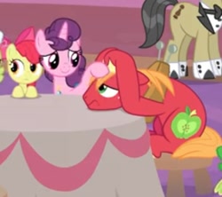 Size: 361x320 | Tagged: safe, edit, edited screencap, screencap, apple bloom, big macintosh, sugar belle, earth pony, pony, unicorn, the last problem, couple, cropped, cute, dawwww, female, filly, head in hooves, head pat, husband and wife, male, mare, necklace, pat, shipping, sitting, stallion, straight, sugarmac, table