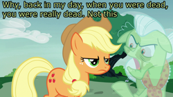 Size: 1280x720 | Tagged: safe, artist:estories, derpibooru import, edit, edited screencap, editor:mrdoctorderpy, screencap, applejack, granny smith, earth pony, ghost, pony, annoyed, caption, dead, image macro, rocko's modern life, rocko's modern life: static cling, spoilers for another series, text, vector