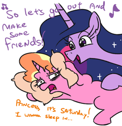 Size: 766x792 | Tagged: safe, artist:jargon scott, luster dawn, princess twilight 2.0, twilight sparkle, twilight sparkle (alicorn), alicorn, pony, unicorn, the last problem, bags under eyes, bed, bed mane, dialogue, duo, female, make some friends, mare, music notes, open mouth, pillow, saturday, singing