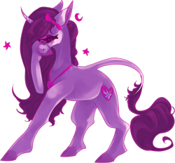 Size: 1280x1189 | Tagged: safe, artist:voidsucre, oc, oc only, oc:magic dream, pony, unicorn, blushing, bow, cloven hooves, curved horn, female, floppy ears, hair bow, horn, jewelry, leonine tail, mare, necklace, raised hoof, simple background, solo, stars, transparent background