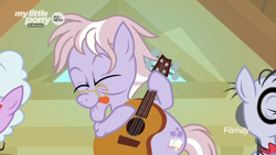 Size: 1920x1080 | Tagged: safe, screencap, dusty pages, pony, the point of no return, discovery family logo, guitar, tongue out