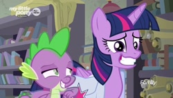 Size: 1920x1080 | Tagged: safe, screencap, spike, twilight sparkle, twilight sparkle (alicorn), alicorn, dragon, the point of no return, book, bookshelf, discovery family logo, saddle bag, scroll, wavy mouth, winged spike