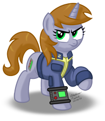 Size: 2032x2339 | Tagged: safe, artist:aleximusprime, oc, oc only, oc:littlepip, pony, unicorn, fallout equestria, clothes, fanfic, fanfic art, female, hooves, horn, mare, pipbuck, raised hoof, simple background, solo, transparent background, unamused, vault suit