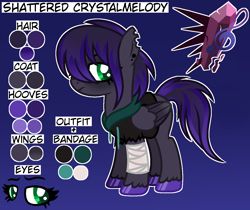 Size: 1280x1077 | Tagged: safe, artist:midnightamber, oc, oc:shattered crystalmelody, pegasus, pony, bandage, base used, clothes, colored hooves, colored wings, ear piercing, earring, female, gradient background, gradient mane, gradient wings, hoodie, jewelry, music notes, piercing, reference sheet, ripped ears, solo, torn sleeves, wings