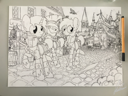 Size: 2048x1536 | Tagged: safe, artist:flaremoon, oc, pony, unicorn, airship, armor, city, guard, guardian, market, medieval, patrol, sketch, sword, traditional art, walking, weapon