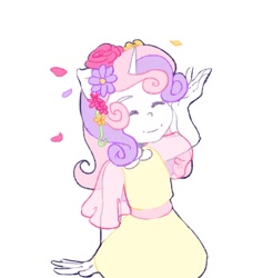 Size: 983x997 | Tagged: safe, artist:navy-pon, sweetie belle, anthro, unicorn, clothes, cute, diasweetes, dress, eyes closed, female, floral head wreath, flower, flower in hair, flower petals, happy, smiling, solo