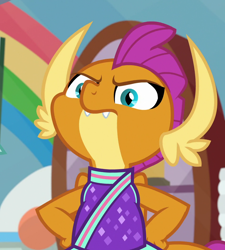 Size: 944x1049 | Tagged: safe, screencap, smolder, dragon, 2 4 6 greaaat, angry, cheerleader, cheerleader outfit, cheerleader smolder, clothes, cropped, dragoness, female, frown, hands on hip, reaction image, sin of pride, smolder is not amused, solo, unamused