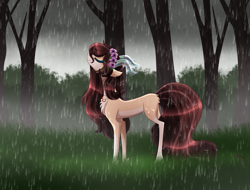 Size: 2549x1933 | Tagged: safe, artist:sugaryicecreammlp, oc, oc:tamara, deer pony, original species, female, rain, solo, tree