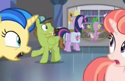 Size: 881x576 | Tagged: safe, screencap, douglas spruce, evergreen, spike, twilight sparkle, twilight sparkle (alicorn), alicorn, dragon, pegasus, pony, unicorn, the point of no return, female, gravity falls, library, male, mare, saddle bag, stallion, winged spike