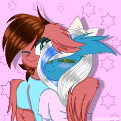 Size: 768x768 | Tagged: safe, artist:pinkiepiloveyou, oc, oc only, oc:crimsonwing, oc:fleurbelle, alicorn, anthro, pegasus, abstract background, alicorn oc, blushing, bow, clothes, eyes closed, female, fleurwing, hair bow, hug, male, mare, oc x oc, one eye closed, ribbon, shipping, stars, straight, winghug