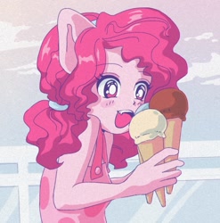 Size: 900x912 | Tagged: safe, artist:navy-pon, pinkie pie, better together, equestria girls, spring breakdown, anime, anime style, bust, cute, cute little fangs, diapinkes, fangs, female, food, ice cream, open mouth, pigtails, ponied up, solo