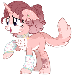 Size: 876x913 | Tagged: safe, artist:mintoria, oc, oc only, oc:strawberry cheesecake, hybrid, unicorn, chest fluff, collar, female, leg warmers, mare, paws, simple background, solo, transparent background