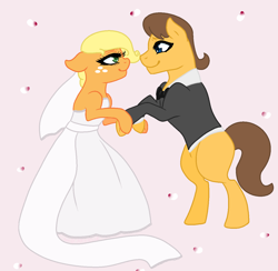 Size: 1292x1260 | Tagged: safe, artist:themysticaldrawer13, derpibooru import, applejack, caramel, earth pony, pony, carajack, clothes, dress, female, male, marriage, shipping, straight, wedding, wedding dress