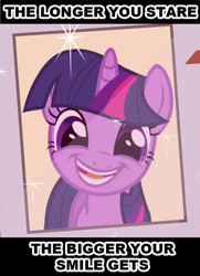 Size: 494x681 | Tagged: safe, edit, edited screencap, screencap, twilight sparkle, twilight sparkle (alicorn), unicorn twilight, alicorn, pony, unicorn, the point of no return, adorkable, caption, cropped, cute, dork, faic, female, library card, mare, smiling, solo, the longer you stare, twilight sparkle is best facemaker