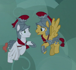 Size: 611x564 | Tagged: safe, screencap, albus, flash magnus, pegasus, pony, campfire tales, armor, cropped, duo, flying, helmet, hoof shoes, male, smiling, stallion, wings