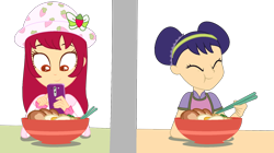 Size: 1194x669 | Tagged: safe, artist:rainbowpaintdash, artist:toybonnie54320, equestria girls, barely eqg related, base used, chinese food, chopsticks, clothes, crossover, eating, equestria girls style, equestria girls-ified, food, hat, phone, strawberry shortcake, strawberry shortcake (character), tea blossom