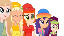 Size: 1192x670 | Tagged: safe, artist:aliciathefox231, artist:toybonnie54320, equestria girls, barely eqg related, base used, clothes, crossover, equestria girls style, equestria girls-ified, hat, lemon meringue (strawberry shortcake), peppermint fizz, rainbow sherbet, raspberry torte, scarf, seaberry delight, strawberry shortcake