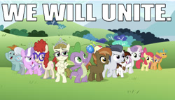 Size: 635x363 | Tagged: safe, edit, edited screencap, editor:undeadponysoldier, screencap, apple bloom, button mash, diamond tiara, pipsqueak, rumble, scootaloo, silver spoon, snails, snips, spike, sweetie belle, twist, zippoorwhill, dragon, earth pony, pegasus, pony, unicorn, beanie, bush, button's hat, caption, children, colt, confidence, crossed arms, cutie mark, cutie mark crusaders, exploitable meme, female, field, filly, foal, glasses, hat, image macro, jewelry, make it happen, male, meme, mountain, necklace, pearl necklace, raised hand, raised hoof, sapphire, text, the cmc's cutie marks, they grow up so fast, tiara, unite