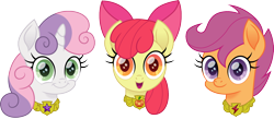 Size: 1500x655 | Tagged: safe, artist:cloudyglow, apple bloom, scootaloo, sweetie belle, earth pony, pegasus, pony, unicorn, bow, cute, cutie mark crusaders, element of honesty, element of loyalty, element of magic, elements of harmony, female, looking at you, movie accurate, simple background, smiling, transparent background