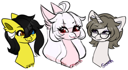 Size: 2749x1510 | Tagged: safe, artist:nekomellow, oc, oc:ophelia, oc:solaria, oc:zedwin, earth pony, pony, unicorn, bust, chibi, eye clipping through hair, heterochromia, simple background, transparent background