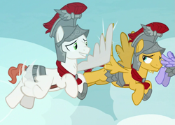 Size: 877x628 | Tagged: safe, screencap, albus, flash magnus, iron eagle, pegasus, pony, campfire tales, armor, cropped, flying, helmet, hoof shoes, hooves, male, smiling, stallion, wing hands, wings