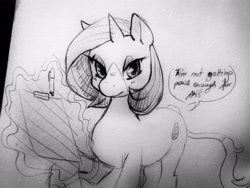 Size: 3968x2976 | Tagged: safe, artist:moondrop, oc, oc only, oc:drip moondrop, pony, unicorn, female, mare, monochrome, pen, sketch, solo, traditional art