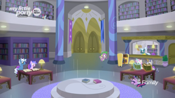 Size: 1920x1080 | Tagged: safe, screencap, bellflower blurb, booksmart, pokey pierce, sea swirl, seafoam, spike, star bright, twilight sparkle, twilight sparkle (alicorn), twinkleshine, alicorn, dragon, pony, unicorn, the point of no return, book, bookshelf, canterlot, discovery family logo, female, glowing horn, lamp, librarian, library, magic, magic aura, male, mare, stallion, telekinesis, winged spike