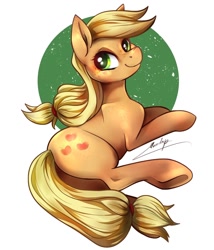 Size: 854x1000 | Tagged: safe, artist:moondrop, derpibooru import, applejack, earth pony, pony, applebutt, female, hatless, looking at you, looking back, looking back at you, lying, lying down, mare, missing accessory, prone, relaxing, smiling, solo