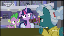 Size: 1149x648 | Tagged: safe, screencap, bellflower blurb, booksmart, pokey pierce, sea swirl, seafoam, spike, twilight sparkle, twilight sparkle (alicorn), alicorn, dragon, the point of no return, desk, discovery family logo, floppy ears, librarian, library, saddle bag, worried