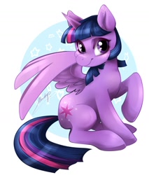 Size: 1280x1504 | Tagged: safe, artist:moondrop, twilight sparkle, twilight sparkle (alicorn), alicorn, pony, abstract background, cute, cutie mark, female, mare, raised hoof, sitting, smiling, solo, twiabetes, wings