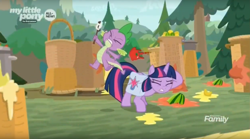 Size: 1636x912 | Tagged: safe, screencap, spike, twilight sparkle, twilight sparkle (alicorn), alicorn, dragon, the point of no return, food, saddle bag, tomato, watermelon, white flag, winged spike